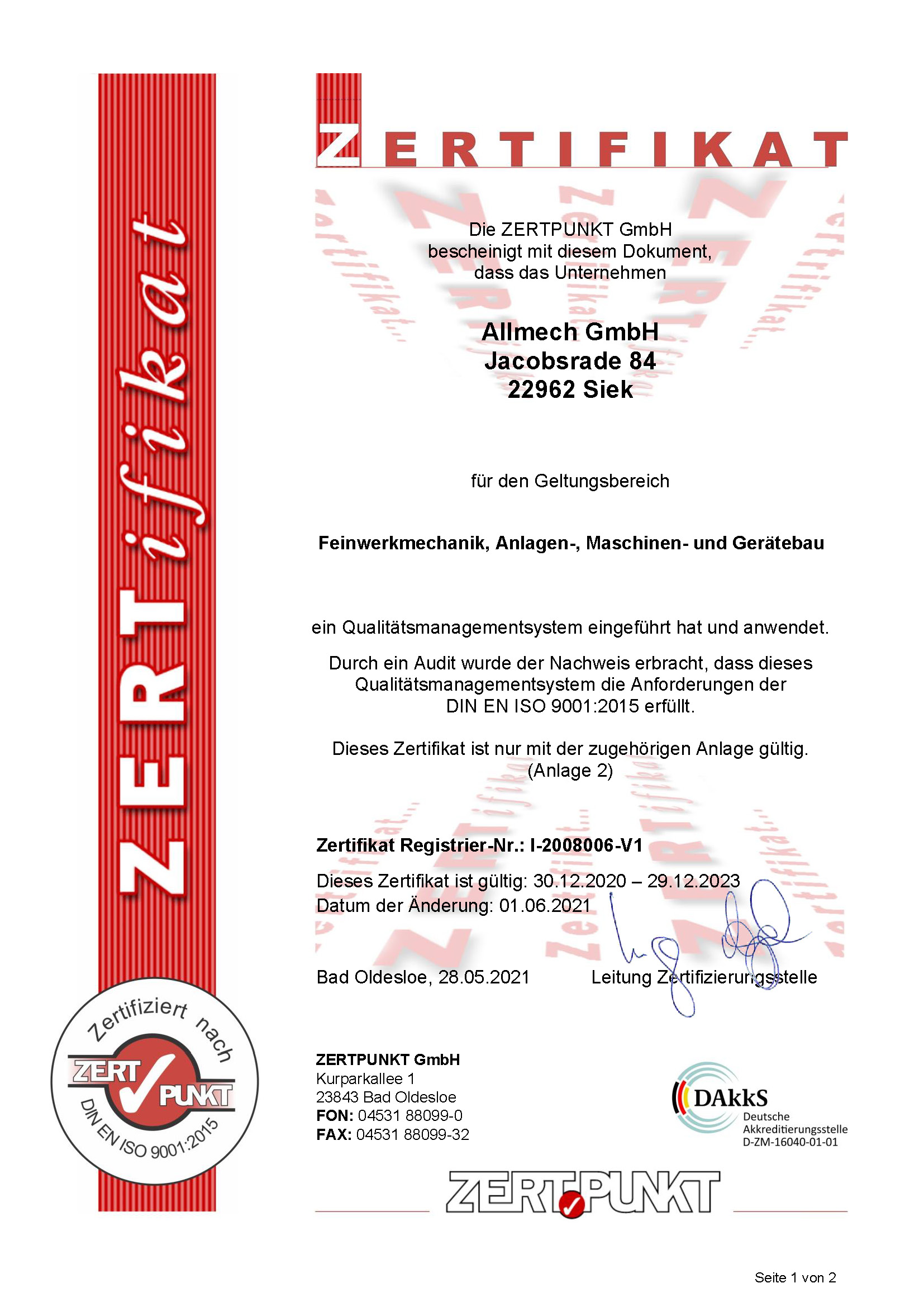 ISO 9001 Zertifikat Allmech Siek